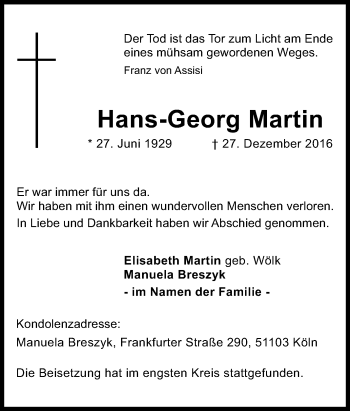 Traueranzeige von Hans-Georg Martin von Tageszeitung