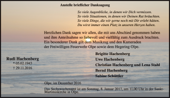 Traueranzeige von Rudi Hachenberg von Tageszeitung