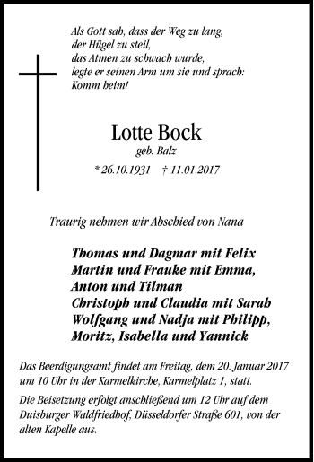 Traueranzeige von Lotte Bock von Tageszeitung