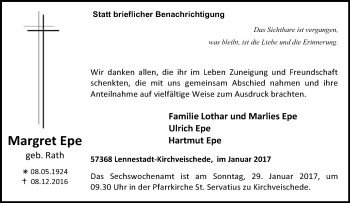 Traueranzeige von Margret Epe von Tageszeitung