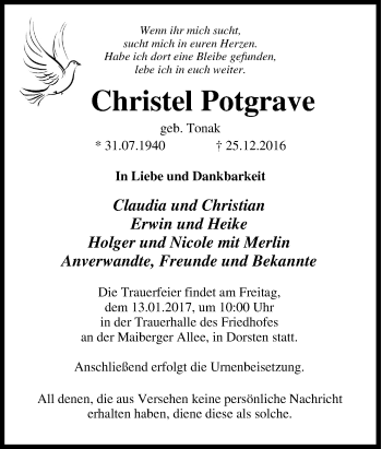 Traueranzeige von Christel Potgrave von Tageszeitung