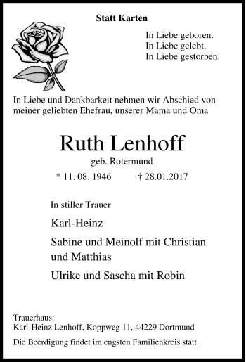 Traueranzeige von Ruth Lenhoff von Tageszeitung