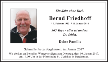 Traueranzeige von Bernd Friedhoff von Tageszeitung