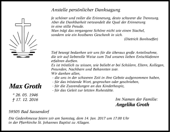 Traueranzeige von Max Groth von Tageszeitung