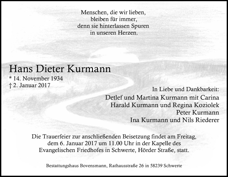  Traueranzeige für Hans Dieter Kurmann vom 05.01.2017 aus Tageszeitung