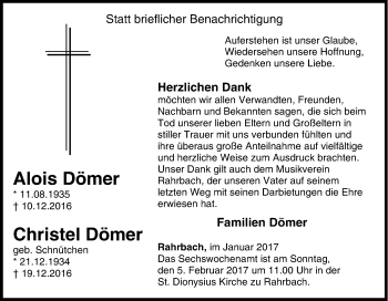 Traueranzeige von Alois Dömer von Tageszeitung