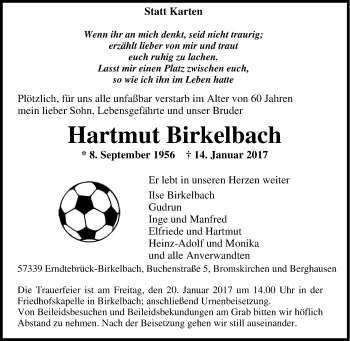 Traueranzeige von Hartmut Birkelbach von Tageszeitung