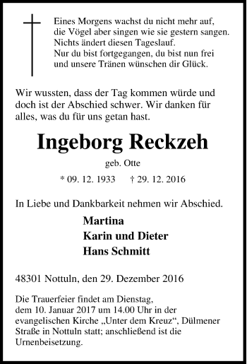 Traueranzeige von Ingeborg Reckzeh von Tageszeitung