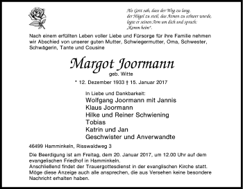 Traueranzeige von Margot Joormann von Tageszeitung