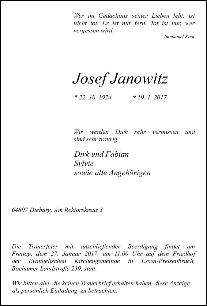  Traueranzeige für Josef Janowitz vom 25.01.2017 aus Tageszeitung