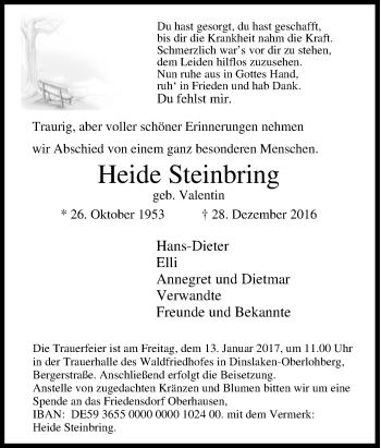 Traueranzeige von Heide Steinbring von Tageszeitung
