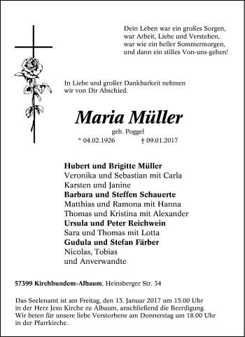 Traueranzeige von Maria Müller von Tageszeitung