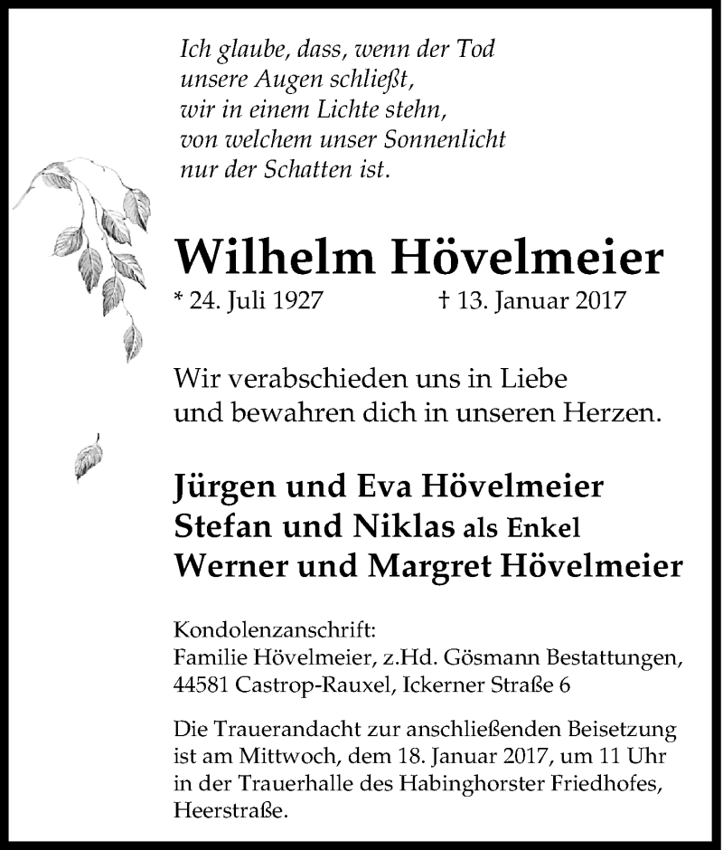  Traueranzeige für Wilhelm Hövelmeier     vom 16.01.2017 aus Tageszeitung