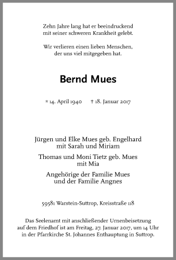 Traueranzeige von Bernd Mues von Tageszeitung