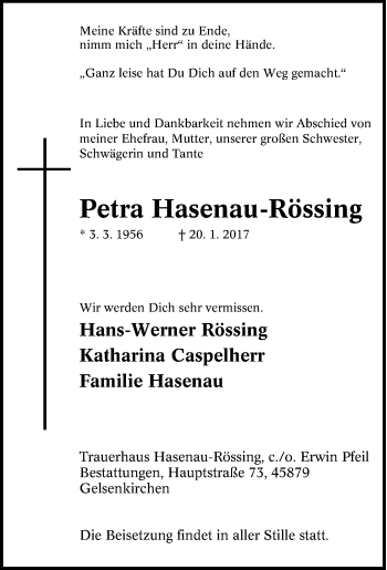 Traueranzeige von Petra Hasenau-Rössing von Tageszeitung