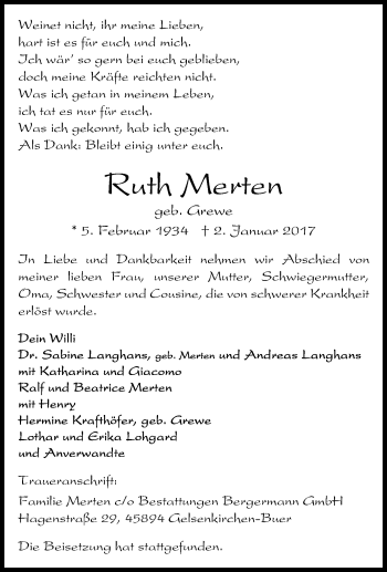 Traueranzeige von Ruth Merten von Tageszeitung