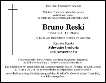 Traueranzeige von Bruno Reski von Tageszeitung