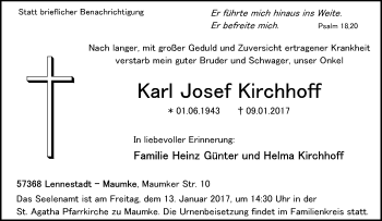 Traueranzeige von Karl Josef Kirchhoff von Tageszeitung