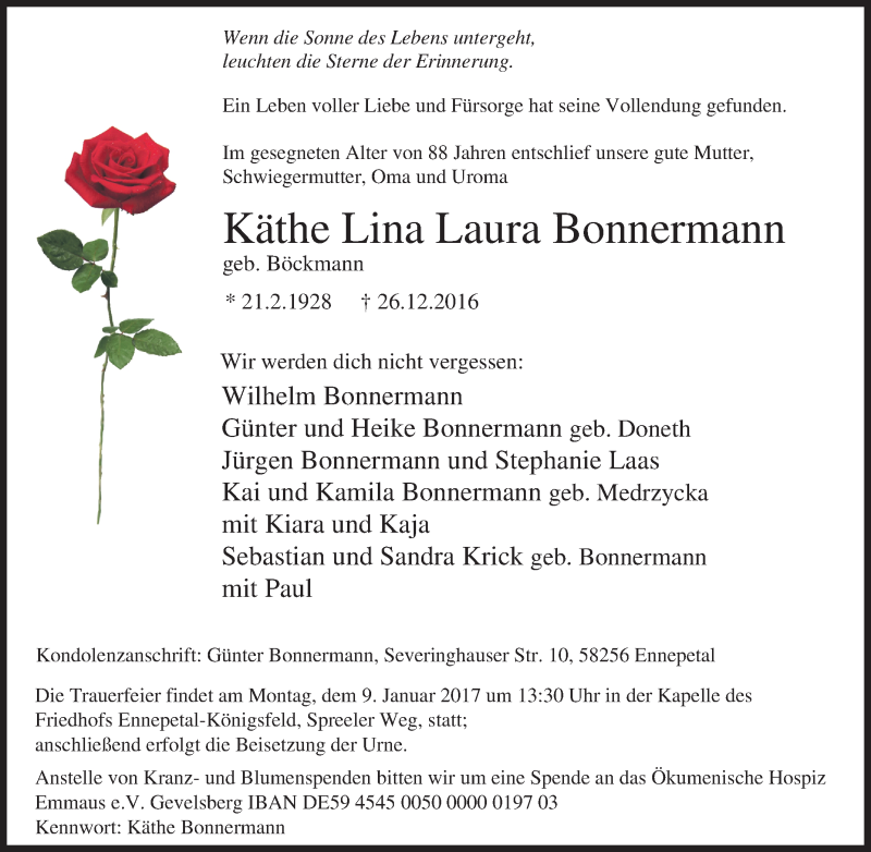  Traueranzeige für Käthe Lina Laura Bonnermann vom 04.01.2017 aus Tageszeitung