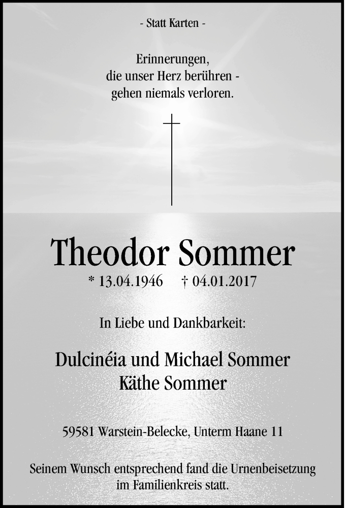  Traueranzeige für Theodor Sommer vom 14.01.2017 aus Tageszeitung