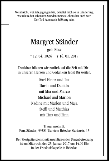 Traueranzeige von Margret  Ständer von Tageszeitung
