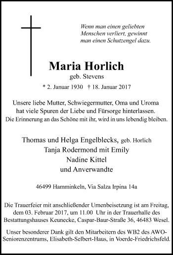 Traueranzeige von Maria Horlich von Tageszeitung