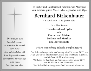 Traueranzeige von Bernhard Birkenhauer von Tageszeitung