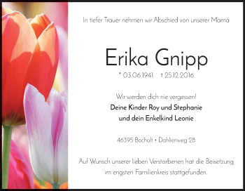 Traueranzeige von Erika Gnipp von Tageszeitung