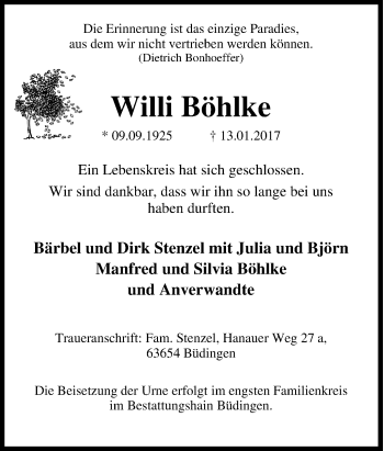 Traueranzeige von Willi Böhlke von Tageszeitung