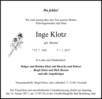 Traueranzeige von Inge Klotz von Tageszeitung
