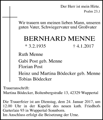 Traueranzeige von Bernhard Menne von Tageszeitung