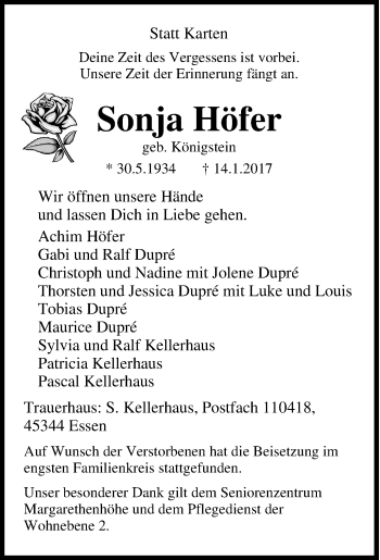 Traueranzeige von Sonja Höfer von Tageszeitung