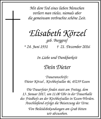 Traueranzeige von Elisabeth Körzel von Tageszeitung