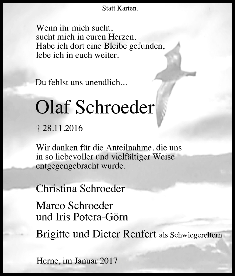  Traueranzeige für Olaf Schroeder vom 07.01.2017 aus Tageszeitung