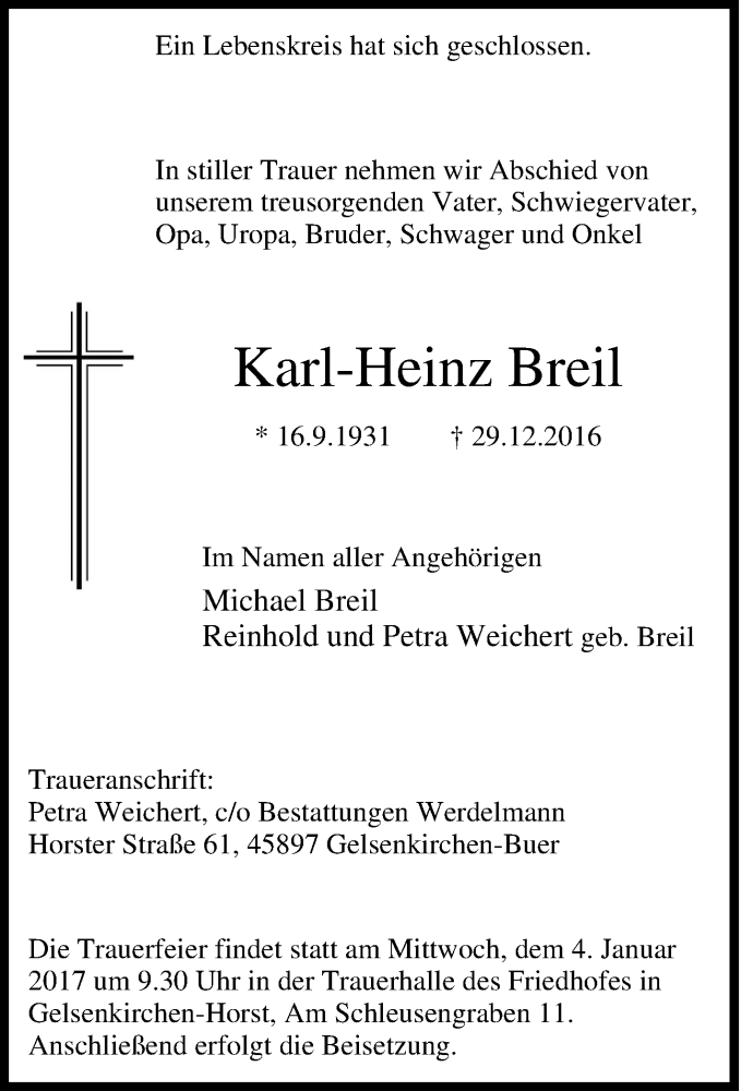 Traueranzeigen von Karl Heinz Breil Trauer in NRW.de