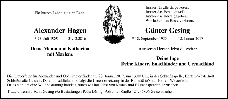  Traueranzeige für In Gedenken  vom 25.01.2017 aus Tageszeitung