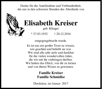 Traueranzeige von Elisabeth Kreiser von Tageszeitung