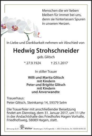 Traueranzeige von Hedwig Strohschneider von Tageszeitung