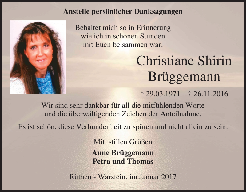  Traueranzeige für Christiane Shirin Brüggemann vom 07.01.2017 aus Tageszeitung