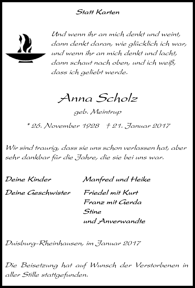  Traueranzeige für Anna Scholz vom 30.01.2017 aus Tageszeitung