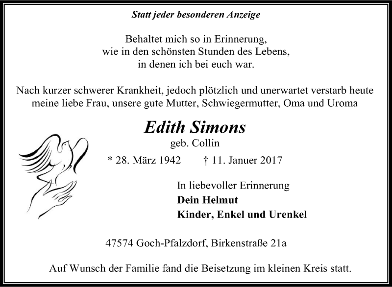  Traueranzeige für Edith Simons vom 21.01.2017 aus Tageszeitung