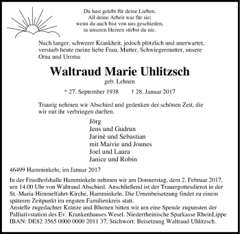 Traueranzeige von Waltraud Marie Uhlitzsch von Tageszeitung