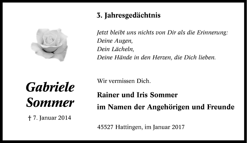  Traueranzeige für Gabriele Sommer vom 07.01.2017 aus Tageszeitung