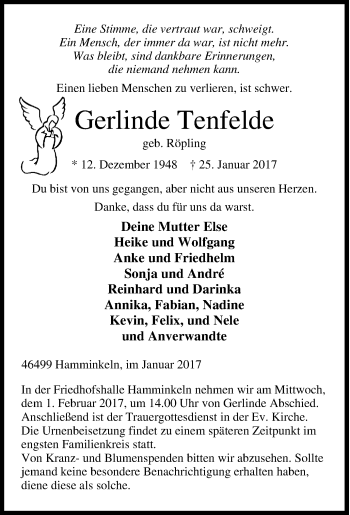 Traueranzeige von Gerlinde Tenfelde von Tageszeitung