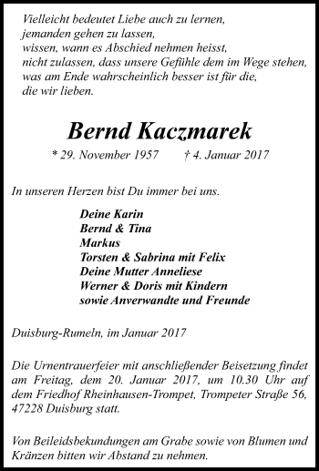 Traueranzeige von Bernd Kaczmarek von Tageszeitung