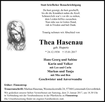 Traueranzeige von Thea Hasenau von Tageszeitung