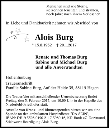 Traueranzeige von Alois Burg von Tageszeitung