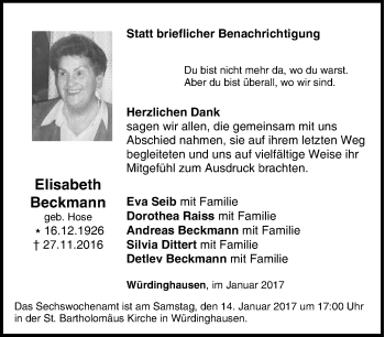 Traueranzeige von Elisabeth Beckmann von Tageszeitung