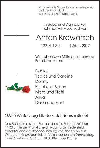 Traueranzeige von Anton Krowarsch von Tageszeitung