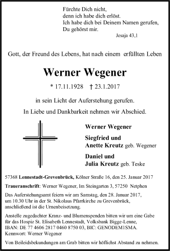 Traueranzeige von Werner Wegener von Tageszeitung